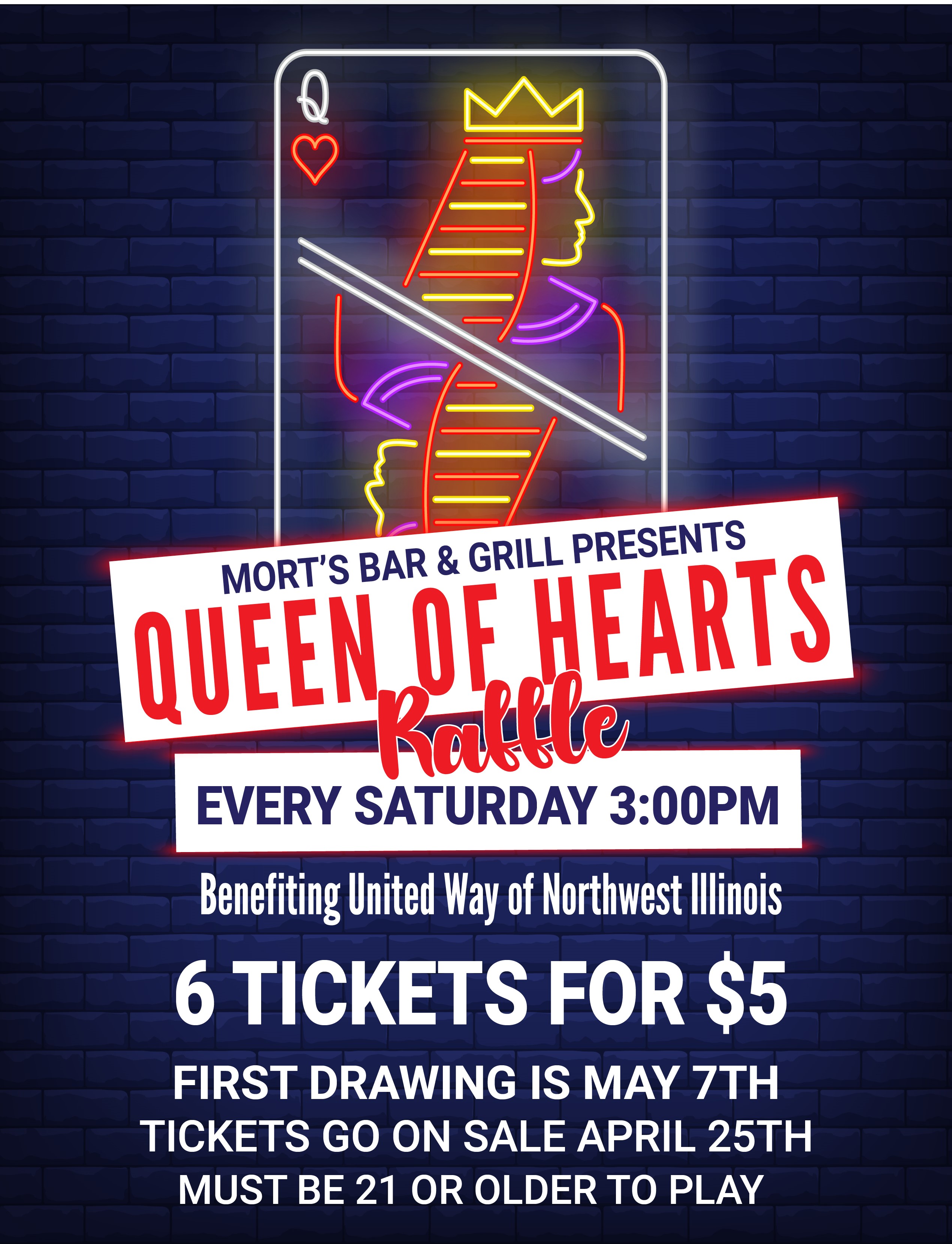 Queen of Hearts Flyer, drawing every saturday at 3 o'clock pm, tickets are 6 for 5 dollars